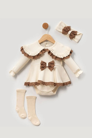 Kız Bebek Romper Bebe Yaka Fisto Detaylı Bandanalı Takım Kız Bebek Romper Bebe Yaka Fisto Detaylı Bandanalı Takım