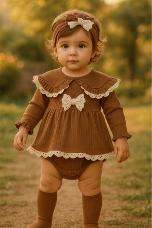 Kız Bebek Romper Bebe Yaka Fisto Detaylı Bandanalı Takım