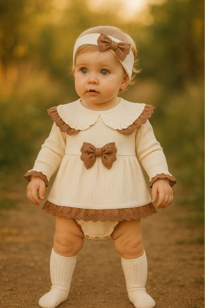 Kız Bebek Romper Bebe Yaka Fisto Detaylı Bandanalı Takım