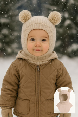 Kız Erkek Bebek Çocuk Omuzlu Triko Balaklava Bere Kar Maskesi Ponponlu Bere