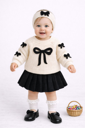 Kız Bebek Bayramlık Triko Kazak Etek Bandana Takım