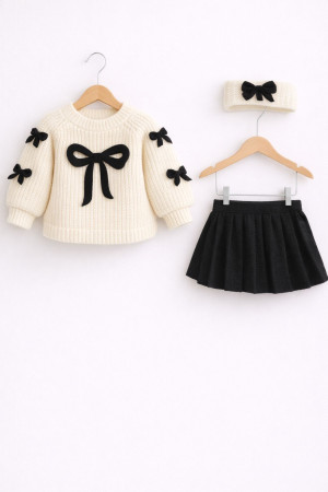 Kız Bebek Bayramlık Triko Kazak Etek Bandana Takım