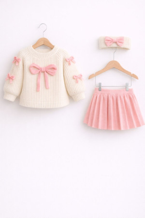 Kız Bebek Bayramlık Triko Kazak Etek Bandana Takım
