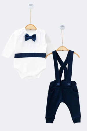 Erkek Bebek Kuşaklı Papyonlu Askılı Pantolon Zıbın Gömlek Takım