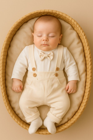 Erkek Bebek Kuşaklı Papyonlu Askılı Pantolon Zıbın Gömlek Takım