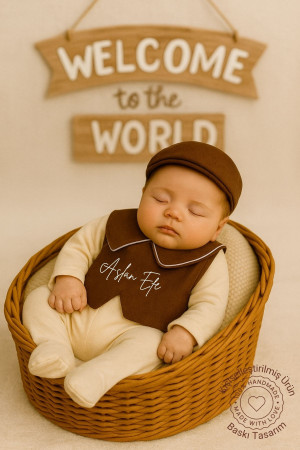 Erkek Bebek İsme Özel Yelekli Şapkalı Tulum