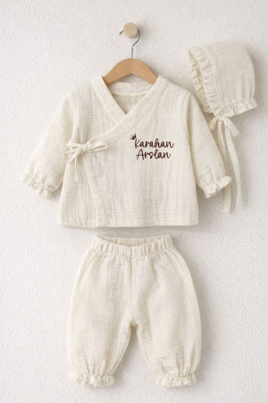 İsme Özel Nakışlı Yenidoğan Bebek Organik Müslin Takım