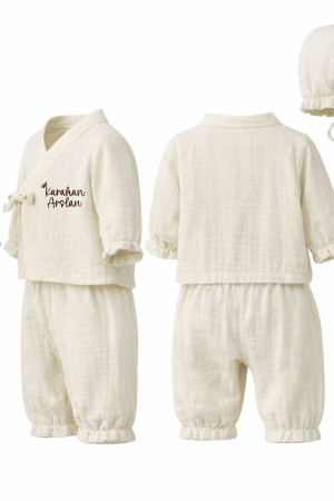 İsme Özel Nakışlı Yenidoğan Bebek Organik Müslin Takım