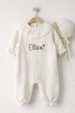 İsme Özel Nakışlı Yenidoğan Bebek Organik Müslin Tulum