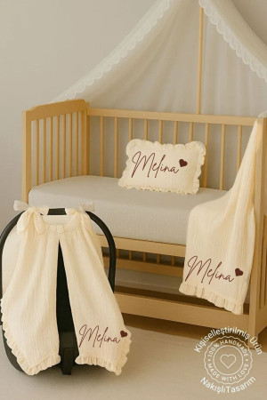 Nakışlı müslin battaniye puset örtüsü yastık kılıfı set