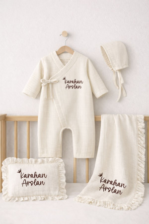 Nakışlı Müslin Kimono Tulum Battaniye Yastık Kılıfı Set