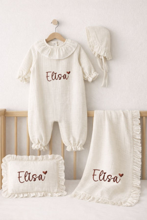 Nakışlı Müslin Tulum Battaniye Yastık Kılıfı Set